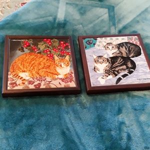 Set of 2 framed painted tiles